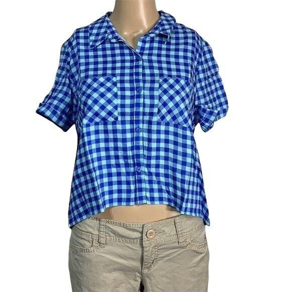 SO Womens Crop Top Shirt Plaid Short Sleeve Button Down Short Sleeve Blue Medium